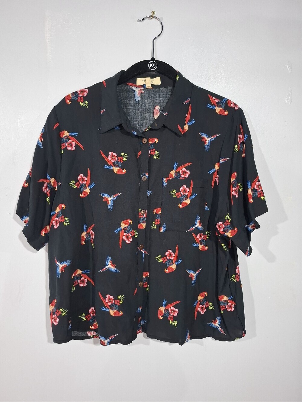 Love Notes Womens Shirt Tropical Parrot Print Boxy Button-Down XL Summer